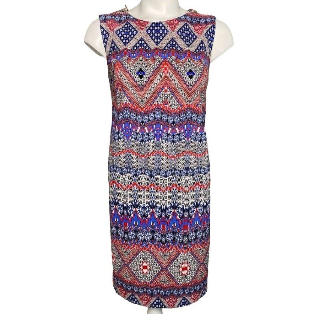 AB Studio Red White Blue Stretch Sheath Crew Neck Dress Sz 6